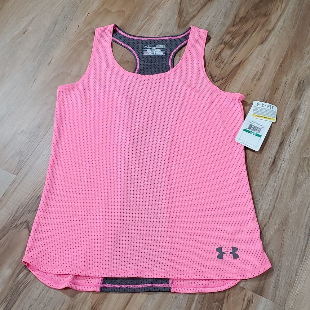 🔹️NWT Under Armour Pink & Gray Mesh Tank Youth Large
